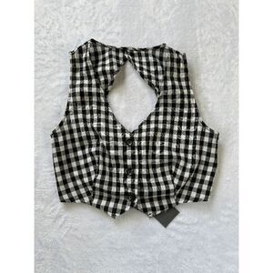 Sans Souci Black/White Gingham Halter Vest, Open Back, Stretch, Coquette, Size M